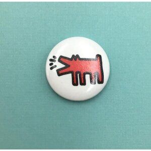 Keith Haring Barking Dog Pin Back Button White Red Black Vintage Pop Art